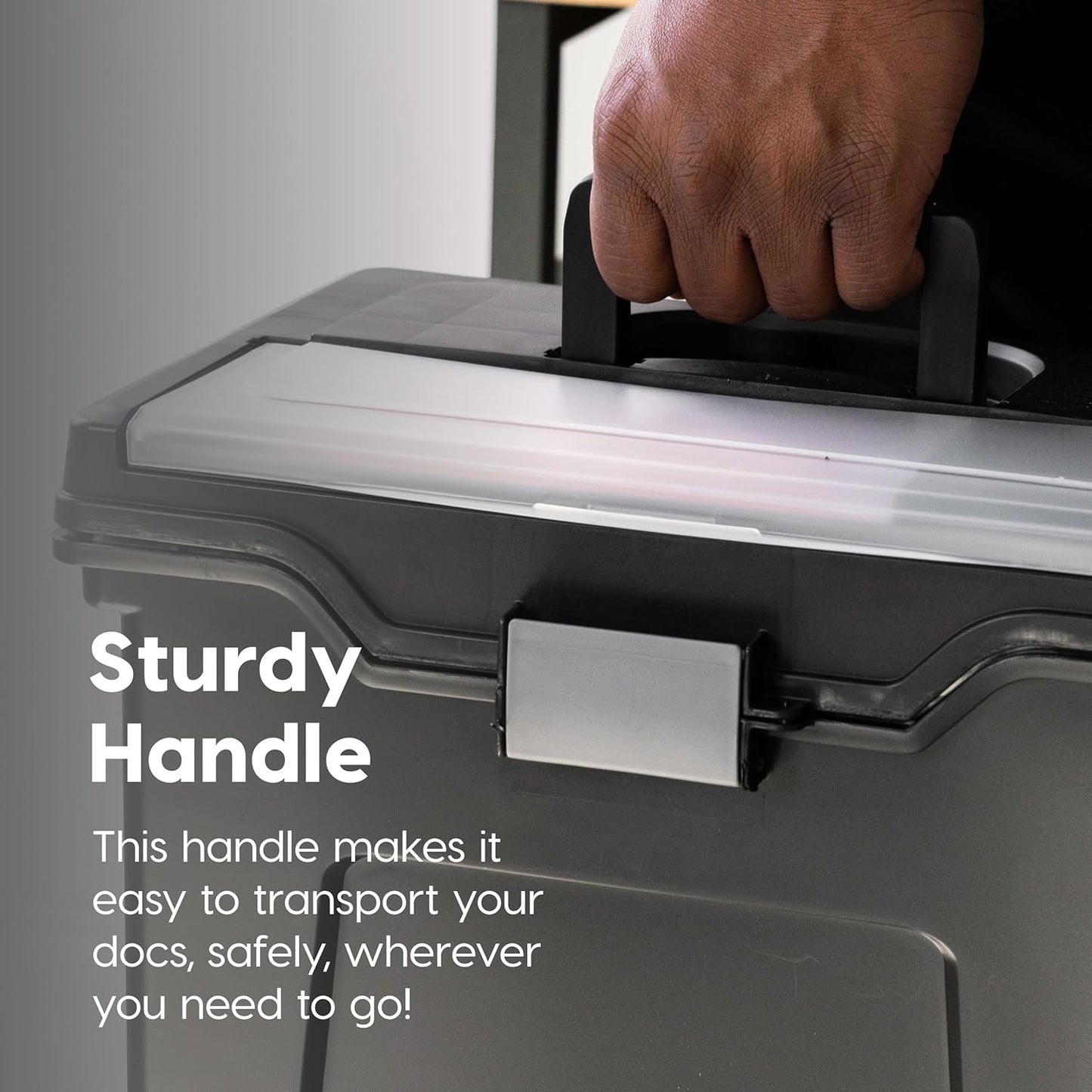 IRIS USA File Box with Lid File Organizer for Letter File w/Organizer-Lid, Plastic Mobile Filing Organizer, Water Resistant Document Box, Portable File Box with Handle, Secure Buckle, Lockable, Black