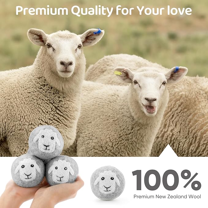 Wool Dryer Balls 6 Pack, Natural Fabric Softener, Dryer Balls Laundry Reusable, Reduces Clothing Wrinkles and Saves Drying Time (Gray)