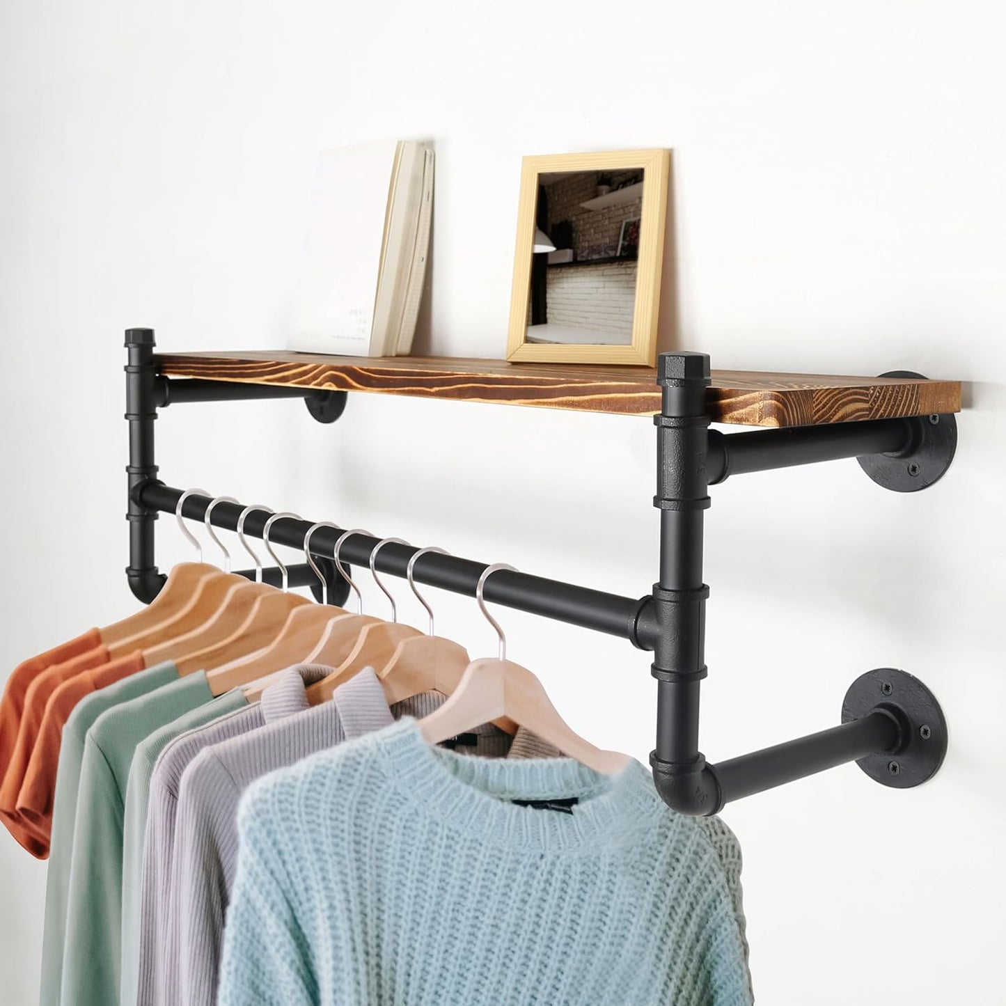 WEBI Wall Mounted Clothes Rack with Shelf,24" Industrial Pipe Clothing Rack with Shelves,Heavy Duty Iron Garment Bar,Retail Display Clothes Rod for Laundry Room,Black