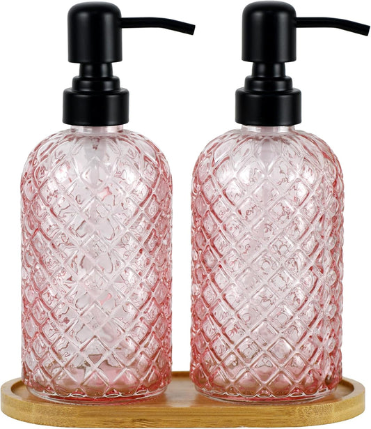 12Oz Glass Soap Dispenser with 304 Black Rustproof Stainless-Steel Pump, Refillable Glass Soap Dispenser for Kitchen, Bathroom, Farmhouse (Pink-2pack& Tray)