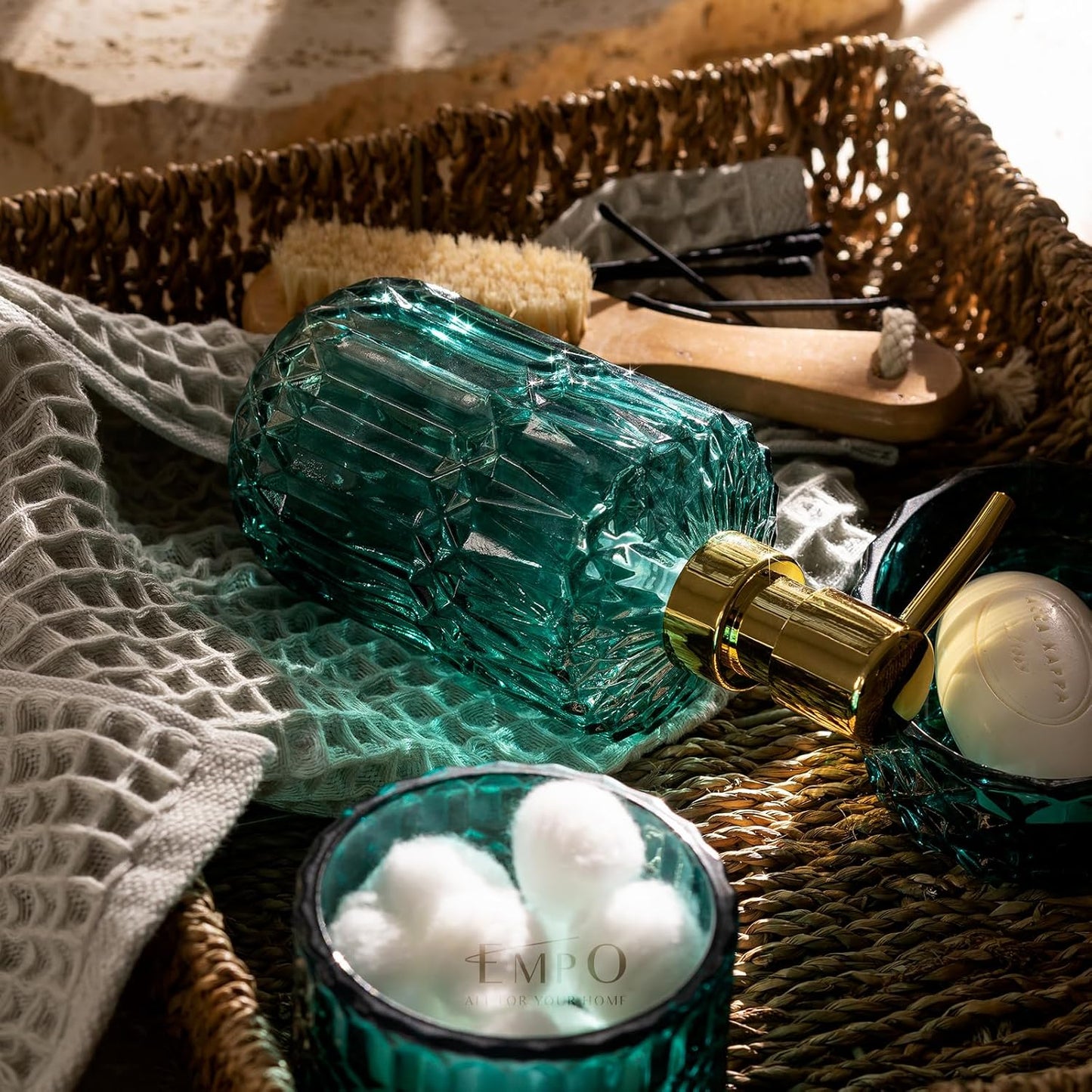 EMPO 6PCS Bathroom Clear Glass Accessories Set (Lotion Soap Dispenser, Soap Dish, Toothbrush Holder, Tumbler, Cotton Swab Jar), Contemporary Modern Decor Crystal Vintage Gift (6pcs Ocean Teal Blue)