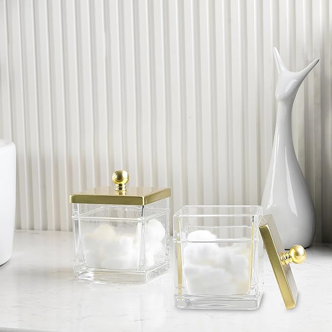 Glass Cotton Jar Holder 2 Pack– Brushed Gold Lid, Elegant Bathroom Storage Canister for Qtips, Cotton Balls, Floss, Makeup Organizer, Vanity & Bathroom Organization