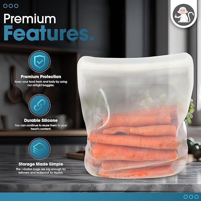 Reusable Silicone Sous Vide Bag - 1 Gallon, 135oz. XXL - 1 pcs Food Storage Bag, Freezer Container, Zero Waste Alternative for Sous Vide Cooker, Kitchen Organization, and Meal Prep Bags