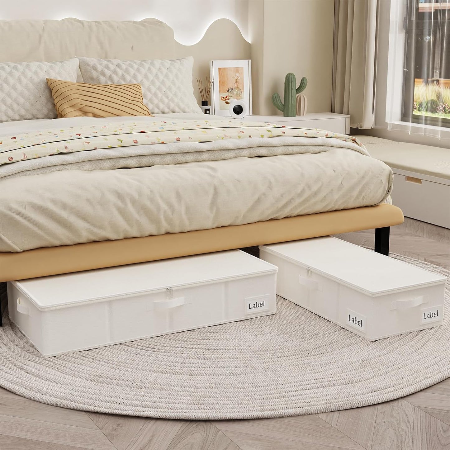 Yawinhe Foldable Underbed Storage Bags, Containers Bin with Lids, Large Under Bed Organizer Box, with Sturdy Zipper und Label Holders, for Clothing, 31.5''Lx15.7''Wx6''H, 4 Pack, Beige