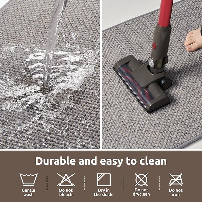 AMOAMI Chenille Bath Mat Super Absorbent Bathroom Mat Quick Dry Low Pile Bath Mats for Bathroom Washable Rubber Backed Bathroom Runners Fit Under Door, Front of Bathtub, Sink, LIGHTGREY&Beige 17"x59"