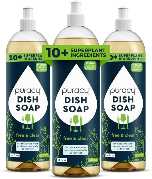 Puracy Natural Dish Soap Packs- Unscented Skin-Softening Plant-Based Dishwashing Soap, Non-Toxic Dish Soap, Fragance Free Organic Liquid Dishwashing Detergent Soap (Unscented, 16 fl oz, 3 Pack)