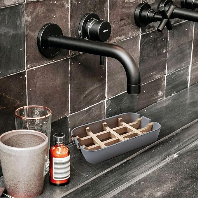 Aoheuo Modern Bamboo Fiber soap Holder and soap Dish Combination (Removable),5.12 Long by 3 Wide, 0.98 inches high, Used in Kitchens, bathrooms, and bar Sinks (Gray(3 Pack))