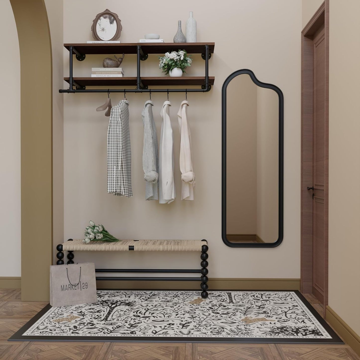 Wall Mounted Clothes Rack 12 Inch Deep, 48 Inch Heavy Duty Garment Rack with Real Walnut Wood Shelf, Multi-Purpose Hanging Rod & Space-Saving Closet Storage Organizer