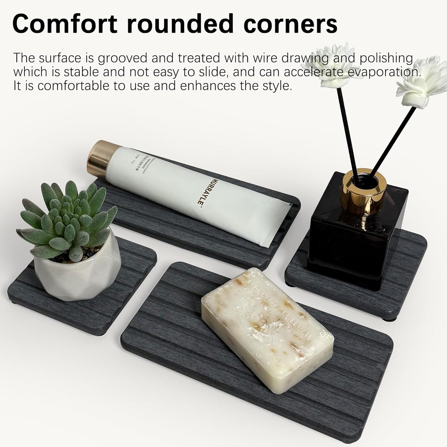 Set of 4 Bathroom Vanity Tray, Quick-Dry Diatomite Kitchen Tray with Non-Slip Pads | Water Absorbing Stone Used for Soap, Sponges, Cosmetics | Eco-Friendly Bath Sink Organizer