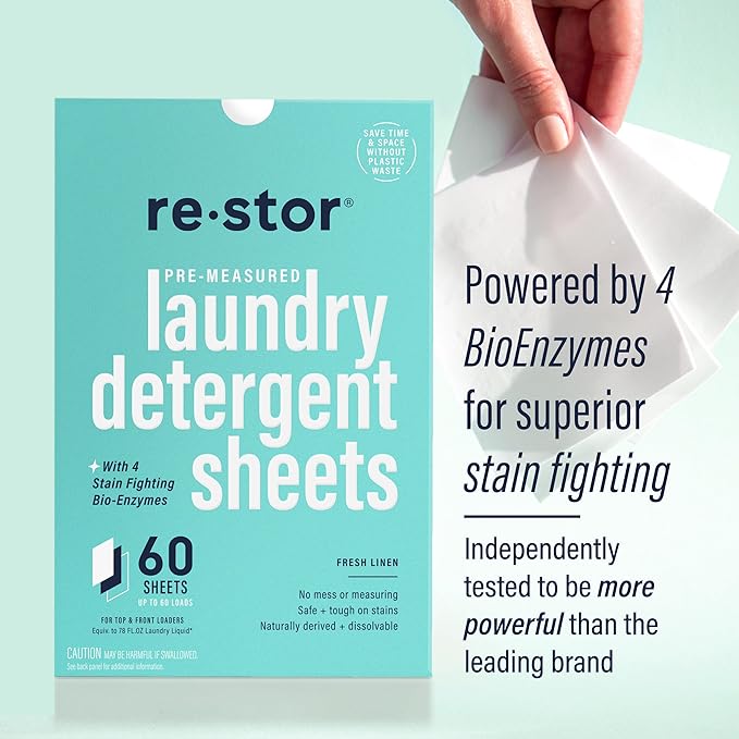 restor Laundry Detergent Sheets Fresh Linen 180 Loads | Eco Friendly Plastic Free Travel Laundry Washer Sheets | Superior Stain Fighting Washing Detergent sheets Number One in Australia
