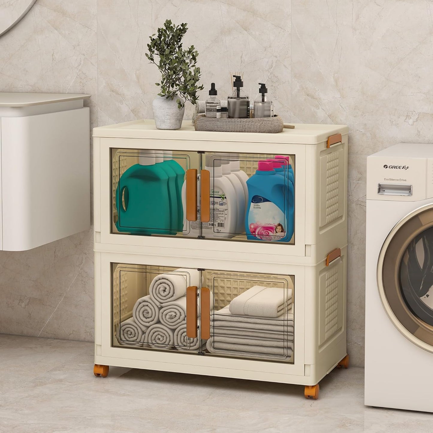 Plastic Stackable Storage Bins with Lids and Wheels, Foldable Closet Organizers and Storage Containers, Collapsible Clear Drawer Storage Cabinet with Doors White 44.8Gal