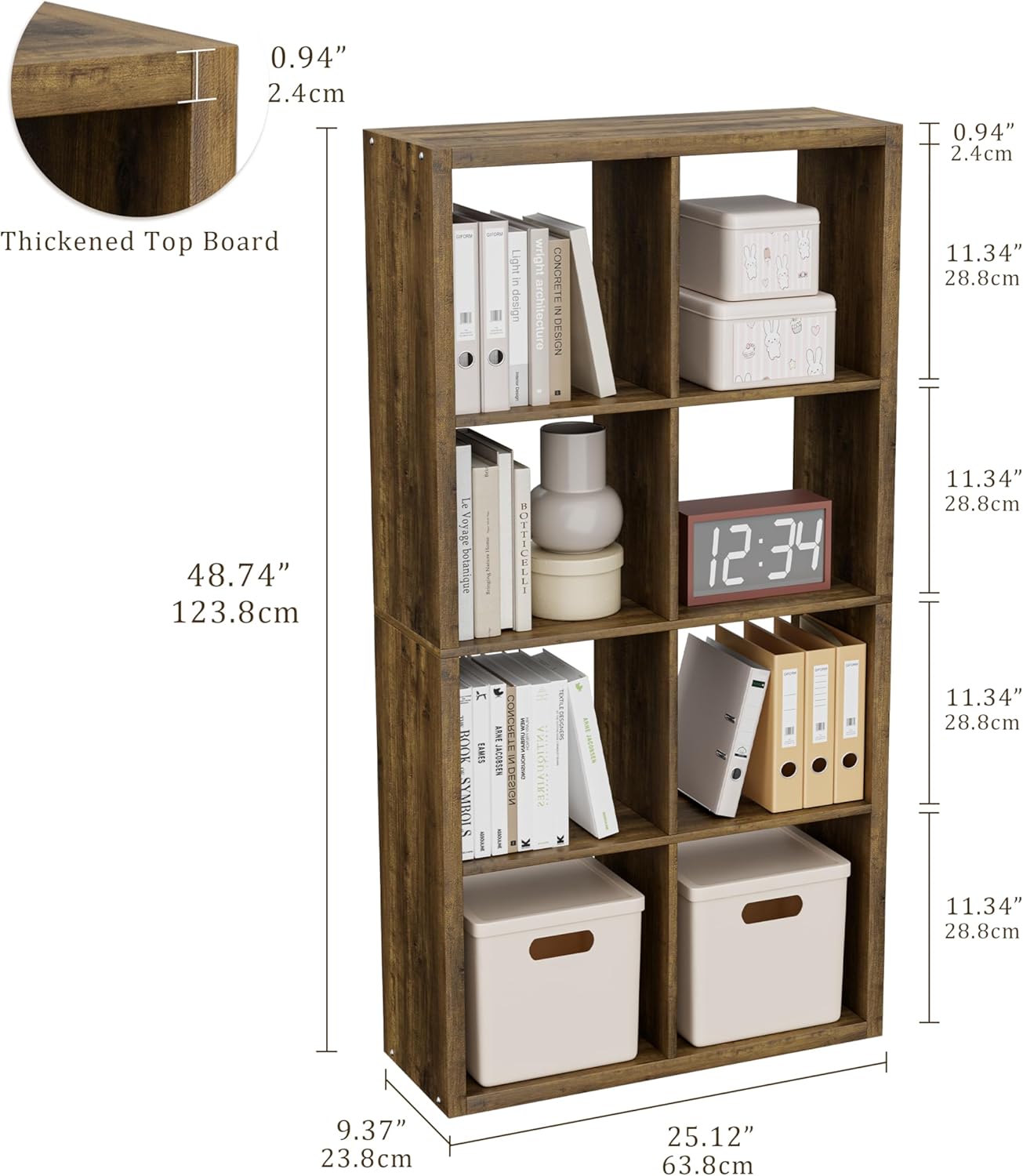 Cube Storage Organizer Bookcase, Decorative 11 inch Open Back Cubical Shelf with Thickened Border, Display Bookshelf for Living Room, Home Office, Sturdy Room (Brown, 8 Cube)