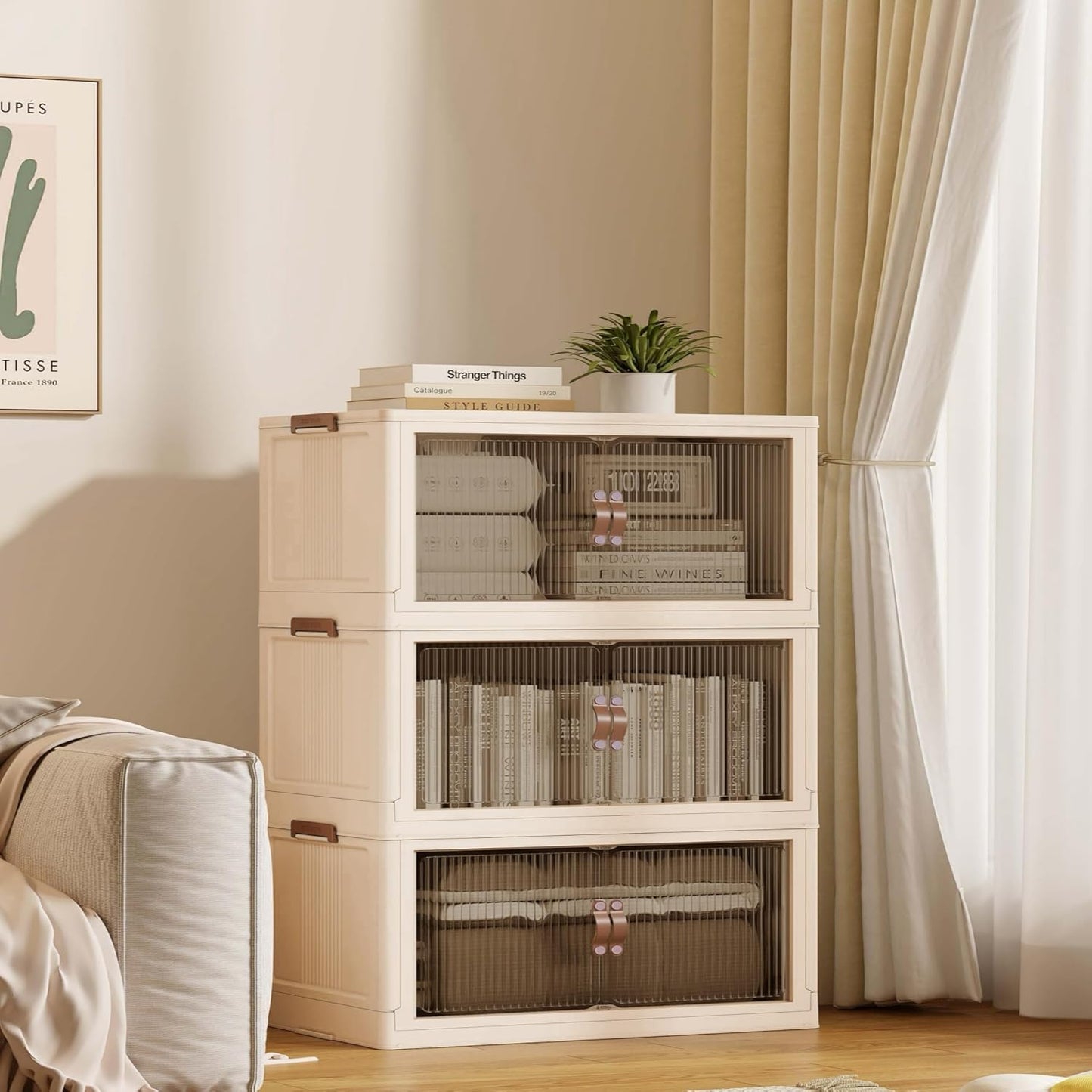 SAILUN 83Gal/335Qt Stackable Storage Bins Folding Collapsible Storage Bins with Lid, Closet Organizers and Storage, Beige 26" W x 17" D x 43.7" H