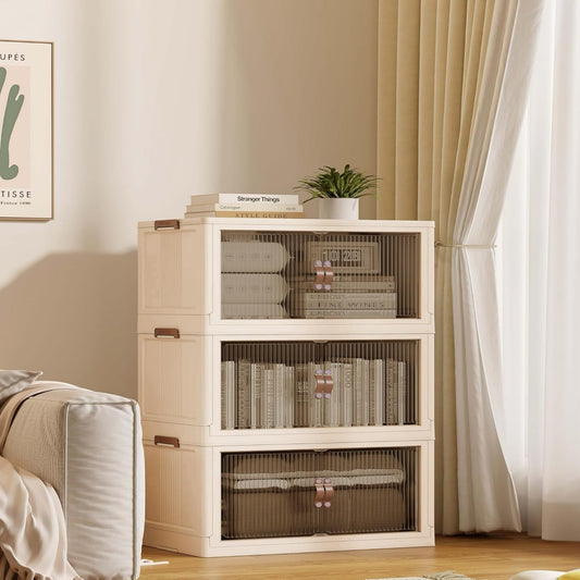 SAILUN 83Gal/335Qt Stackable Storage Bins Folding Collapsible Storage Bins with Lid, Closet Organizers and Storage, Beige 26" W x 17" D x 43.7" H