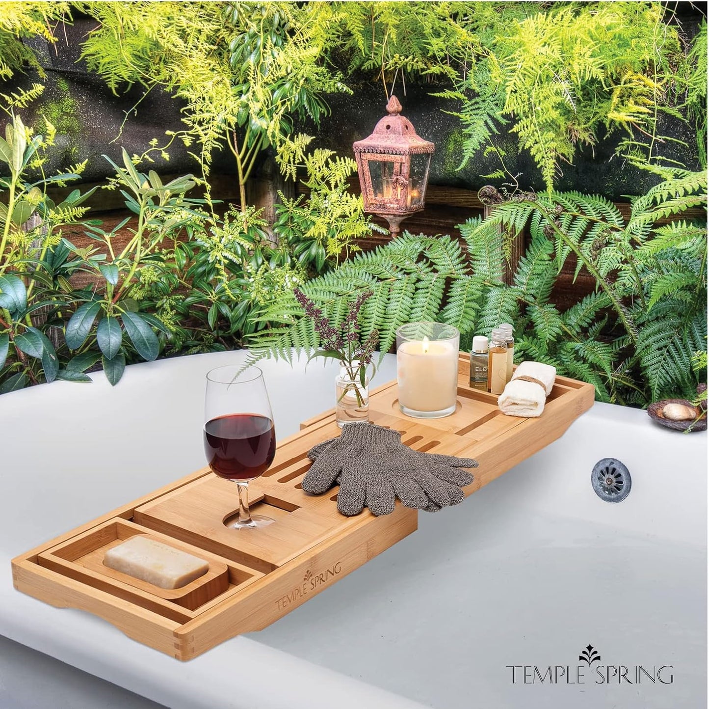 Temple Spring Wooden Bathtub Tray, Bamboo Bathroom Accessories, Bath Tray for Tub, at Home Spa Essentials, Board for Tub Table, Bath Caddy for Bathtub Accessories & Bathroom Essentials – Natural
