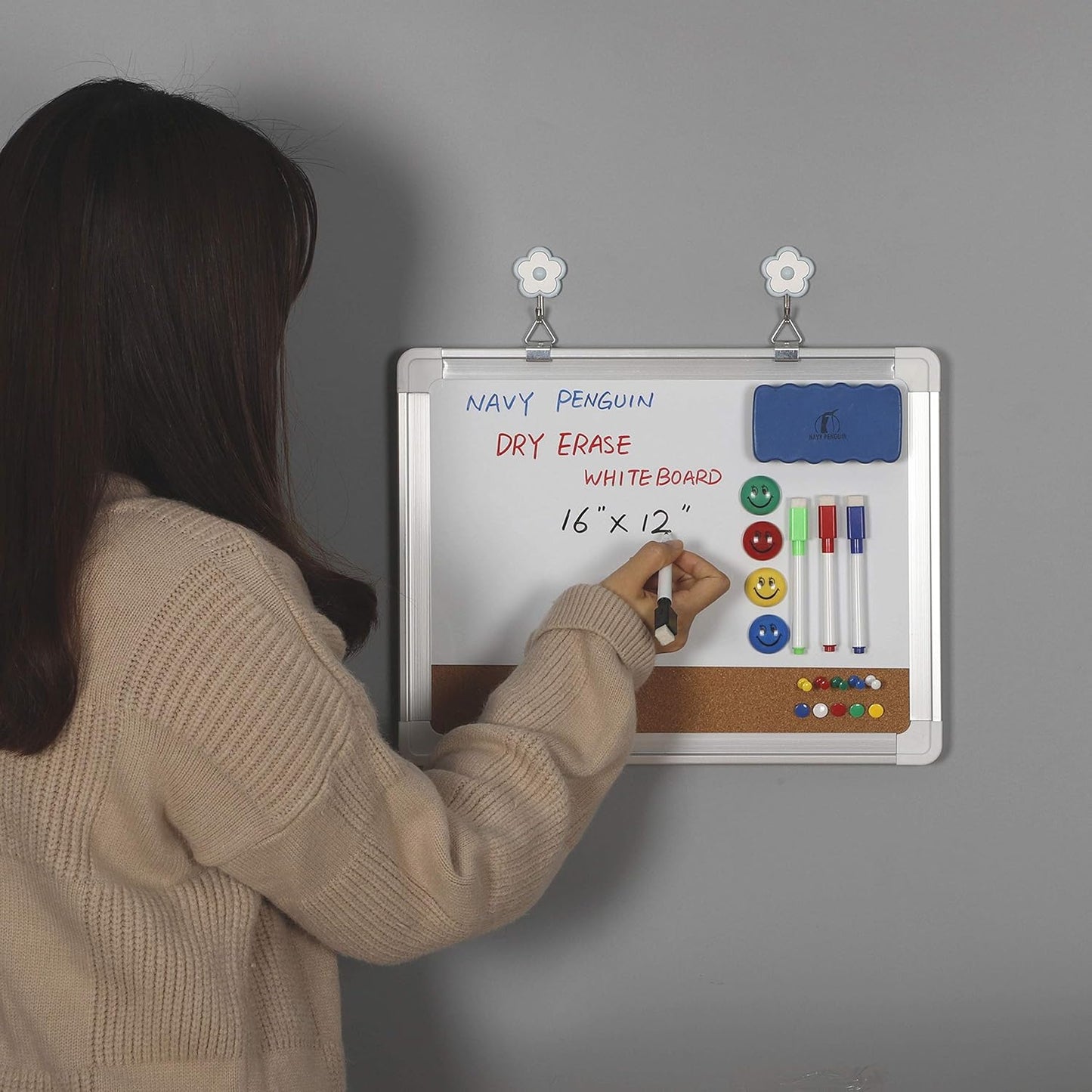 White Board Cork Board Combo - 15x12 in Dry Erase Board with Cork and 1 Magnetic Eraser, 4 Dry Wipe Markers, 4 Magnets and 10 Pins - Wall Hanging Whiteboard with Corkboard for Home and Office (15x12)