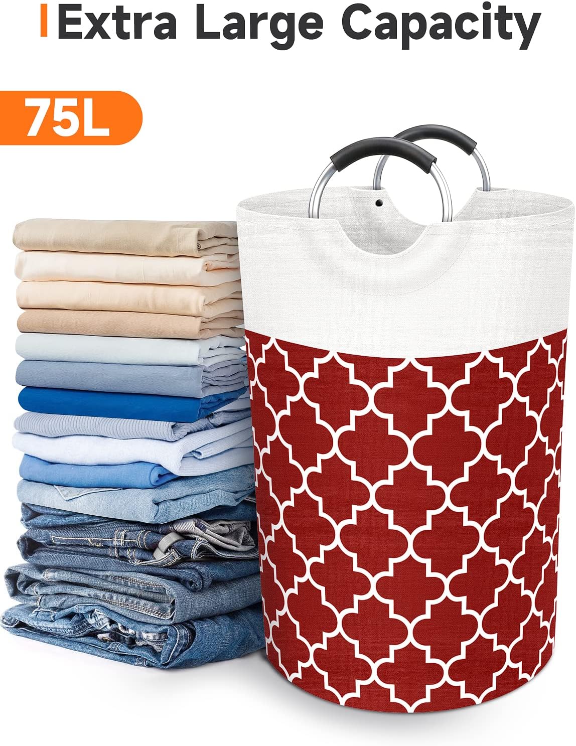 Large Laundry Basket Laundry Hamper Bag Washing Bin Clothes Bag Collapsible Tall with Handles Waterproof Travel Bathroom College Essentials Storage for College Dorm, Family (Red) 75L
