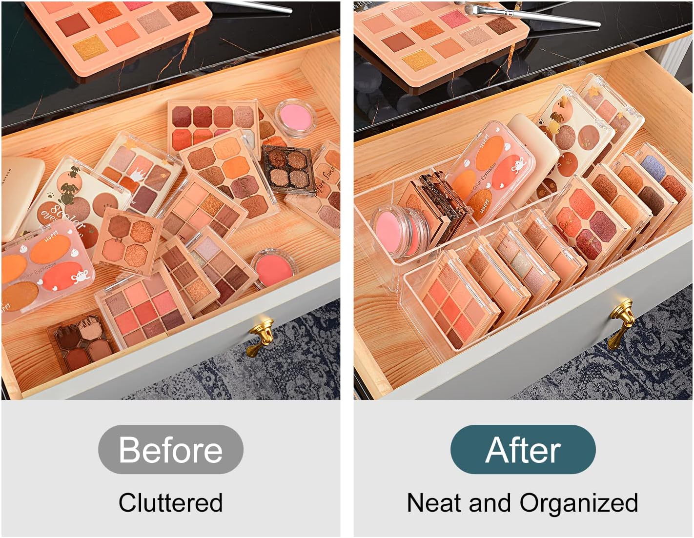 JessLab Acrylic Organizers, Bathroom Organizer for Drawer, Cosmetic Display Cases for Vanity, Countertop, Desk, Kitchen, and Makeup Storage, 6-Section