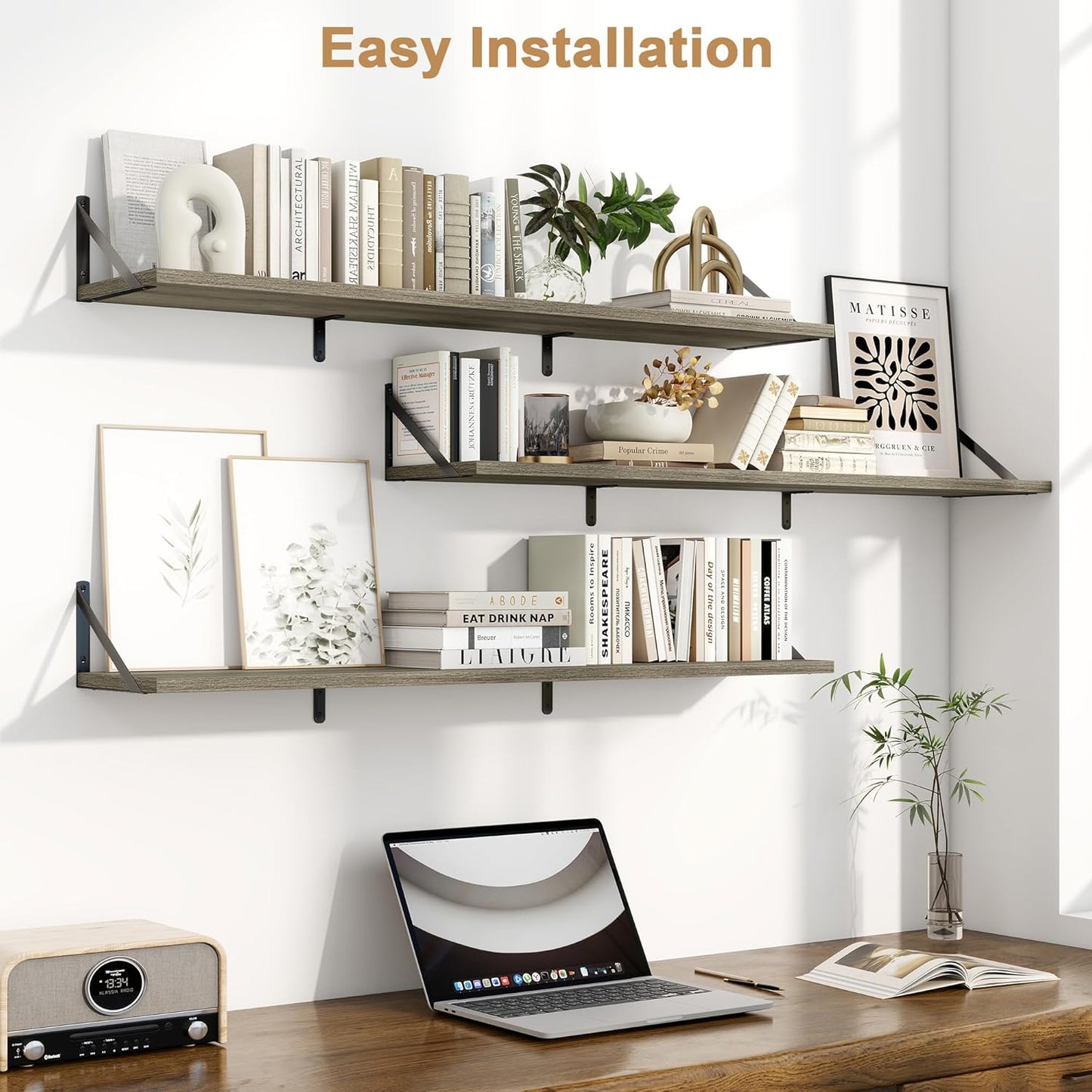 Fun Memories Extra Long Floating Wall Shelves, 48 x 8 Inches, Set of 3 Large Wood Floating Bookshelves with Metal Brackets for Storage & Display (Grey)