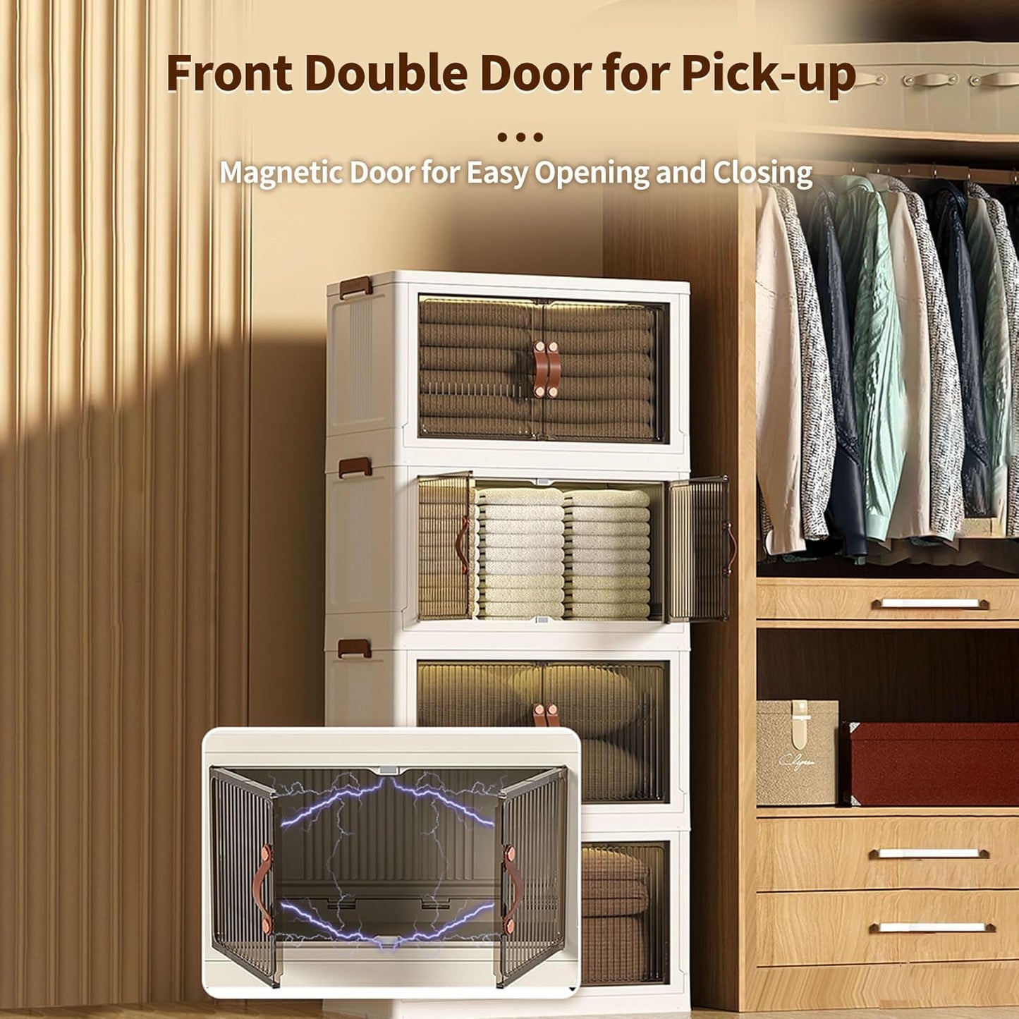 3-Tier Stackable Storage Bins with Lids & Open Front Design, Foldable Storage Bins with Wheels for Home Organization, Collapsible Space Saving Multi-Layer Organizer, 48QT