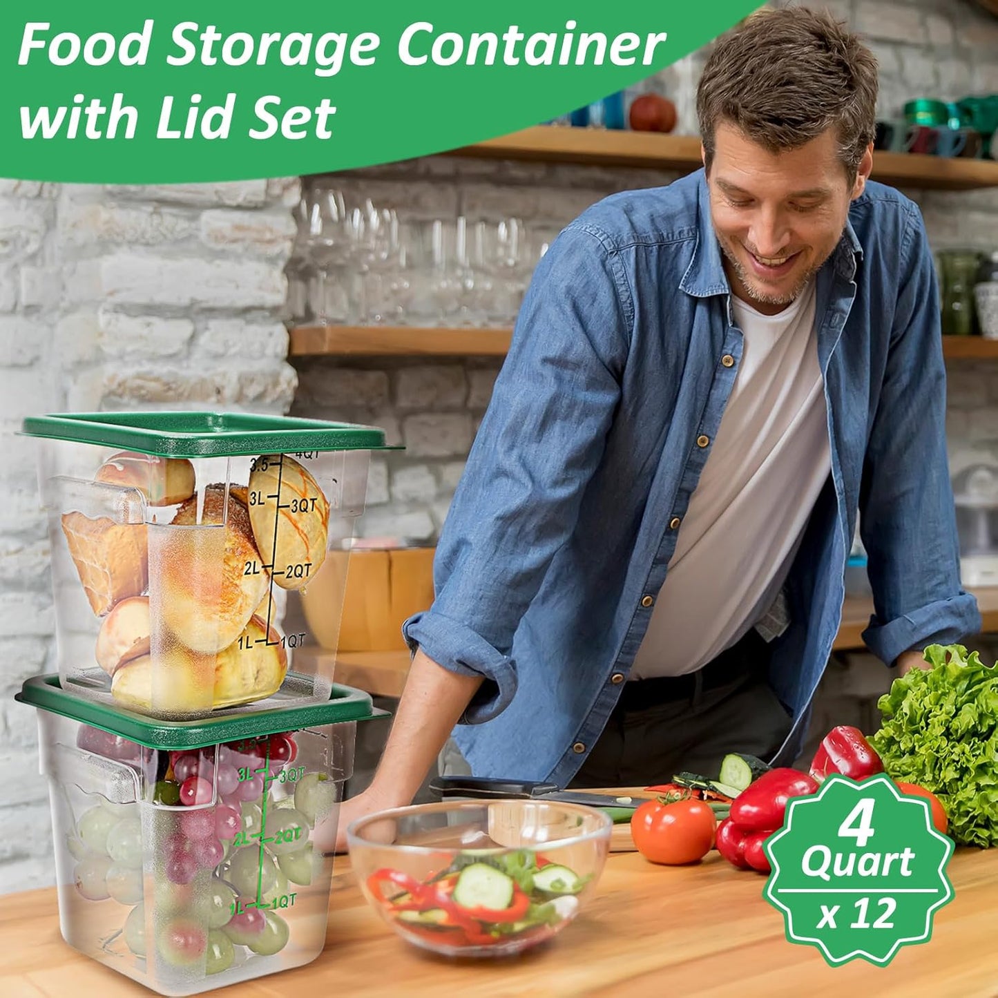 Yungyan 12 Pcs 4 Qt Commercial Food Storage Containers with Lids Restaurant Square Airtight Food Storage Containers Clear Cereal Containers for Kitchen Freezer Dishwasher Pantry(Green Lid)