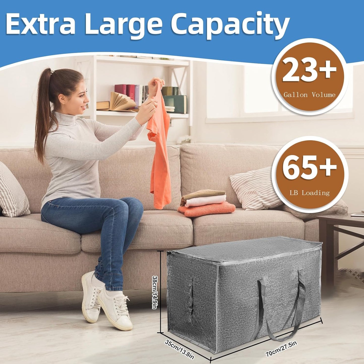 4 Pack-Extra Large Heavy Duty Moving Bags - Waterproof Storage Totes with Handles & Zippers, Foldable for College Dorm, Storage (Gray)