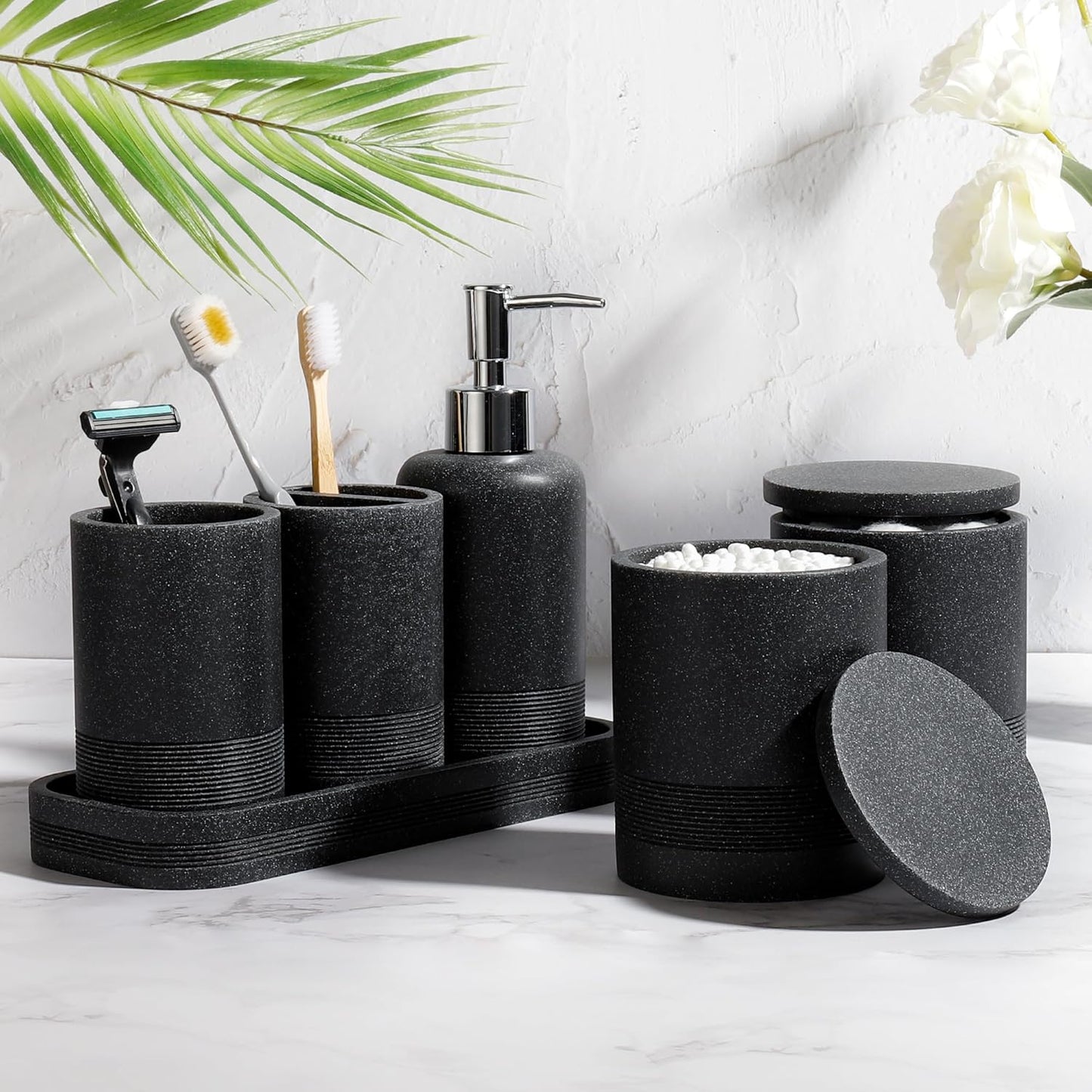 Bathroom Accessories Set, 6-Piece Bathroom Accessory Set, Toothbrush Holders Set, Soap Dispenser, Vanity Tray, Tumbler, Cotton Swab Jars, Bathroom Organizer for Modern Bathrooms(Black)