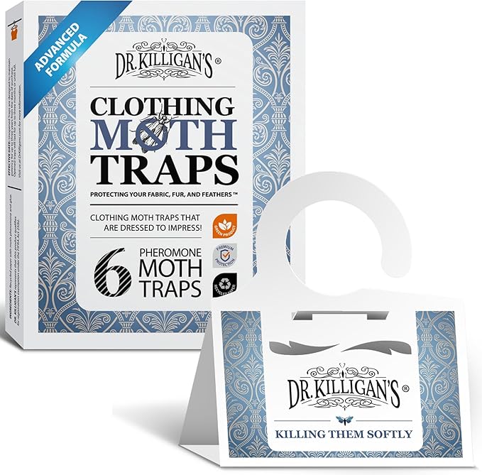 Dr. Killigan's Premium Double Potent Clothing Moth Traps with Pheromones Prime | Organic Clothes Moths Trap with Lure for Closets & Carpet | Case Making Moth Treatment & Prevention (6 Pack, White)
