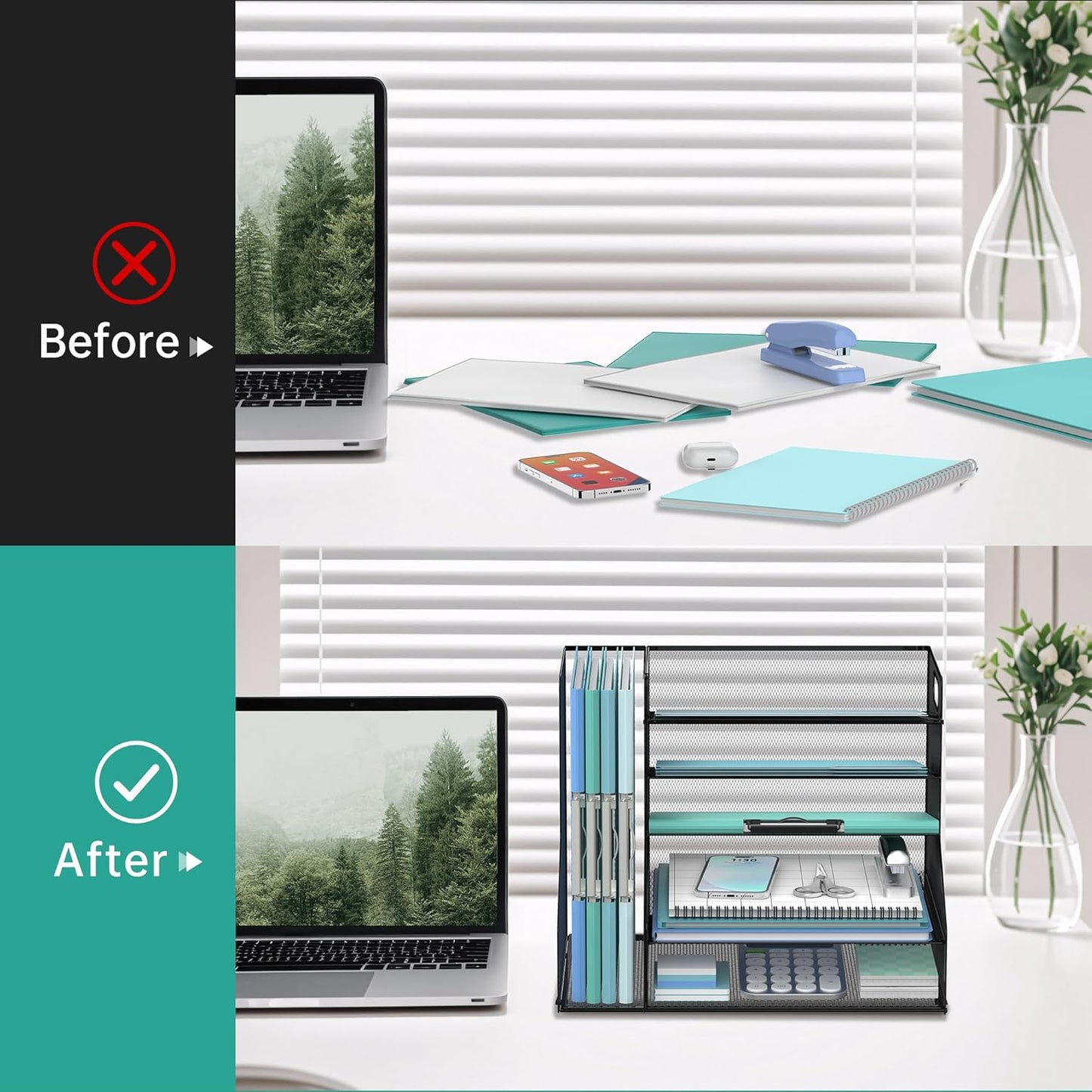 SUPEASY Desk Organizer with File Holder, 5-Tier Mesh Paper Letter Tray with Magazine Holder, Desktop Organizer and Storage for Desk Accessories Office Supplies, Black