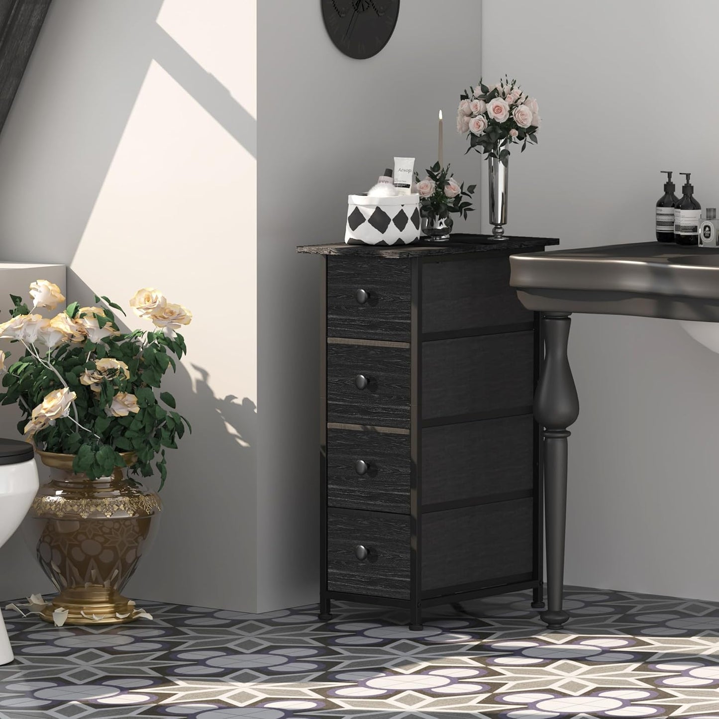 GiftGo Narrow Dresser Vertical Slim Dresser Chest of Drawers Skinny Storage Tower for Small Spaces Gaps Closet Bedroom Bathroom Small Fabric Drawer Unit (Charcoal Black, 4 Drawers)