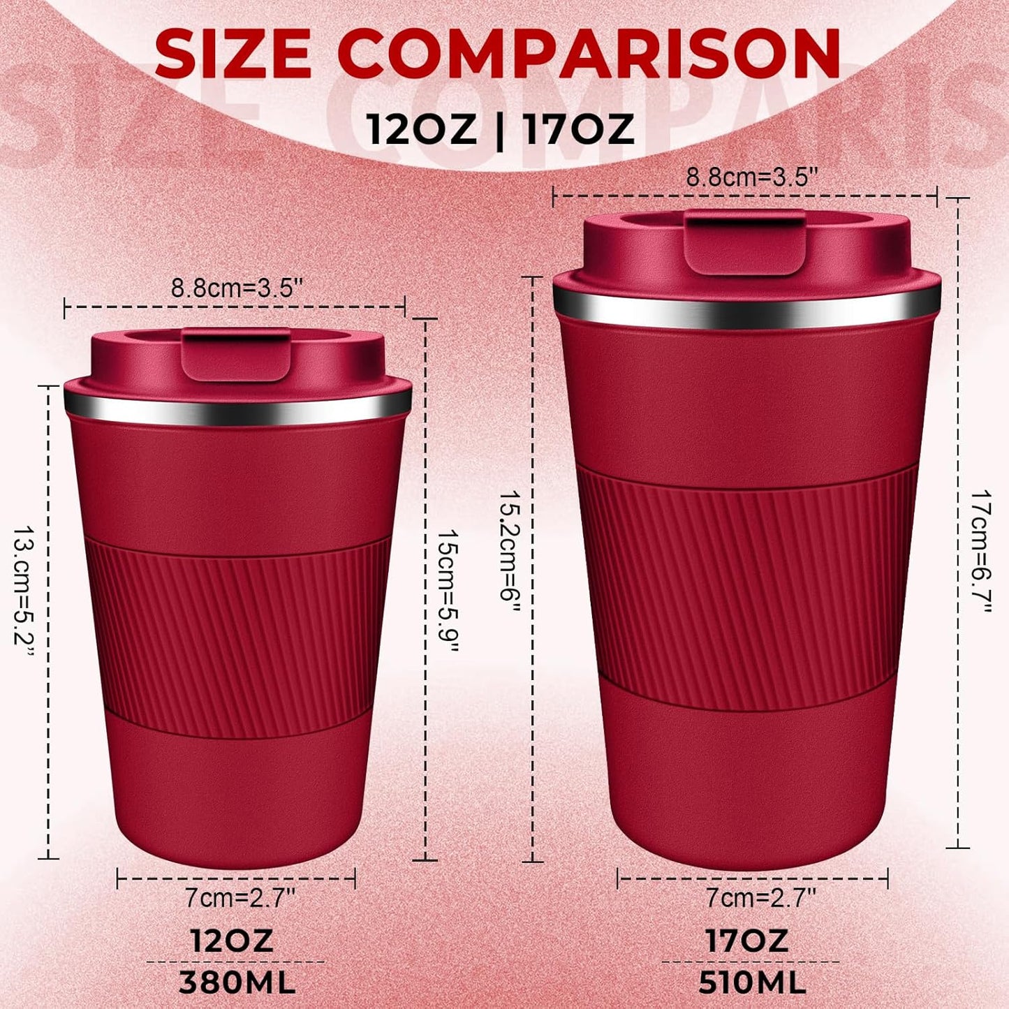Insulated Coffee Tumbler 17 oz, Stainless Steel Coffee Mug with Lids, Travel Coffee Mug Leak Proof, Double Wall Vacuum Insulated Reusable Iced Coffee Cup, Keep Drinks Hot and Cold (Red, 17 Ounces)