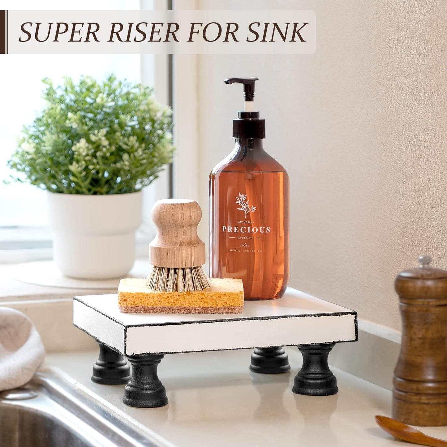 EOSAHR Decorative Wooden Riser for Display : Farmhouse Pedestal Stand for Retro Home Decor and Soap holder for Sink - The Rustic Tray Decor Riser for Kitchen & Bathroom (Black and White)