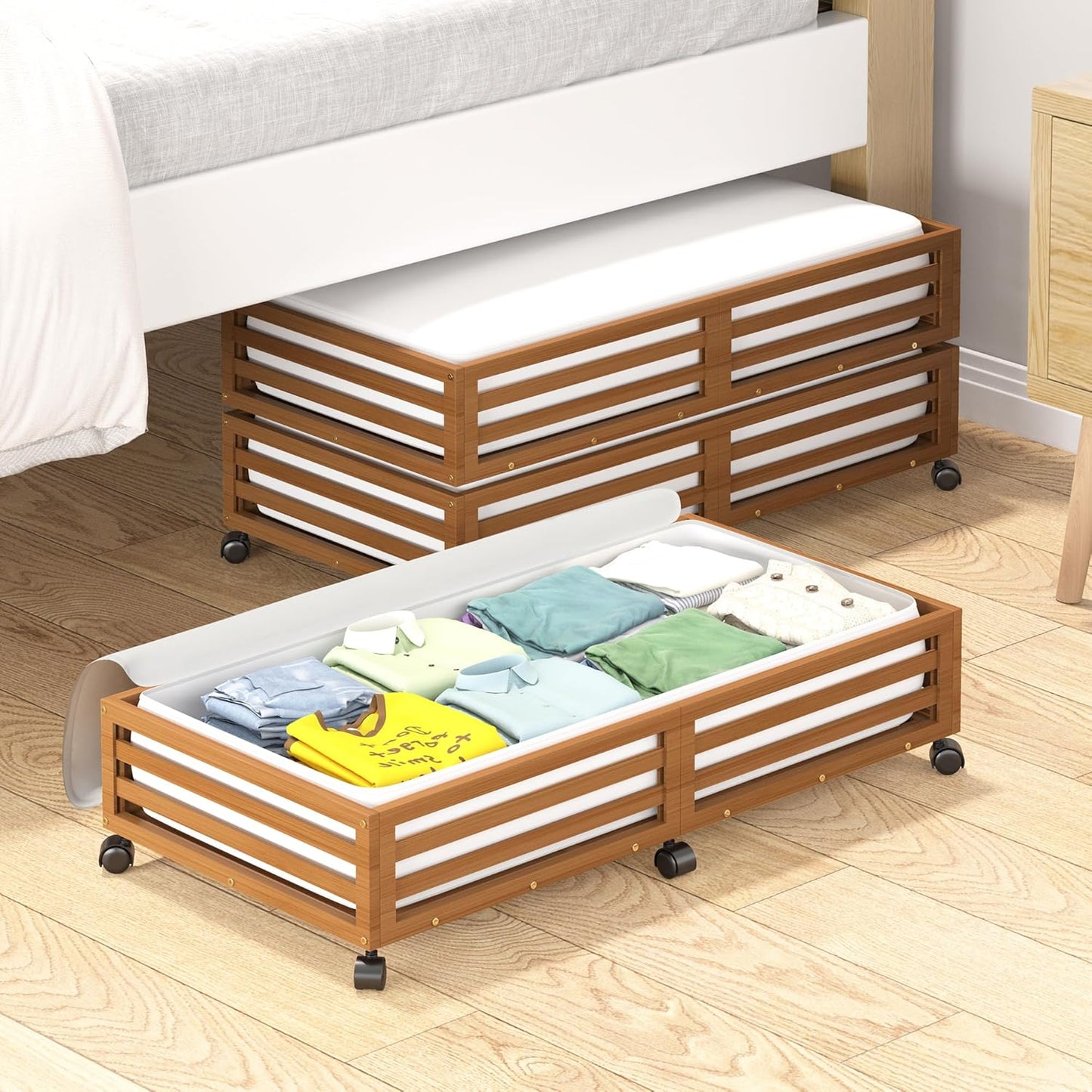 Bamboo Under Bed Storage Containers- Underbed Organizer with Wheels with Large Capacity Dust Bag,Sturdy Wood Rolling Under Bed Shoe Storage Organizer 2 Packs (Walnut, 2 Packs (33.07"×16.54"))
