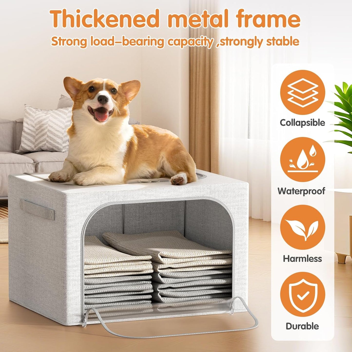 Large Size 66L 3 Pack Openings Clothes Storage Bins with Metal Frame, Stackable & Foldable Linen Storage Box with Lids, Closet Organizers, Blanket, Sweater, Baby Clothes (19.7x 15.75 x 13 Inches)