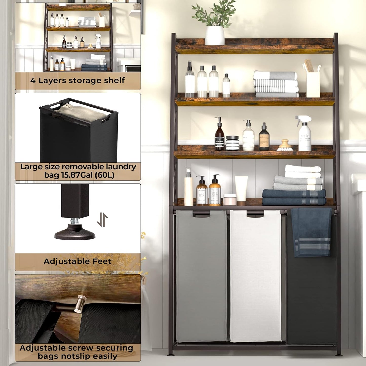 Laundry Basket, 3 Section Laundry Hamper with 4 Tiers Shelf, Pull-Out and Removable Laundry Bags, Large 3 x 15.87 Gallons, for Laundry Room Bathroom Rustic Brown PF05XLN