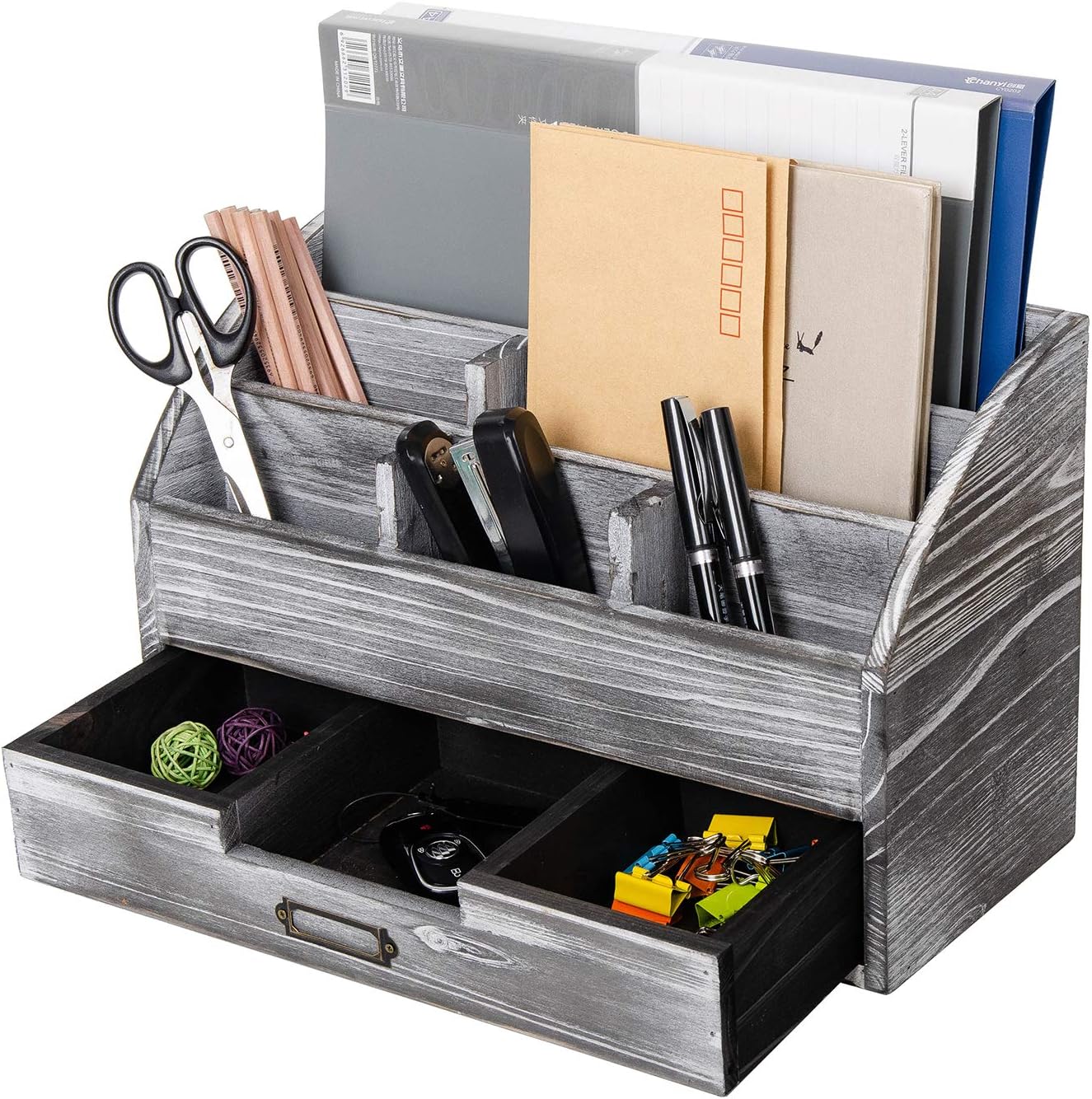 Distressed Rustic Wooden Office Desk Organizer 5 Compartment with 2 Drawer &Counter Desk Tabletop Desktop Mail Rack , Pens, Notebooks, Folders, Pencils and Office Supplies (grey)