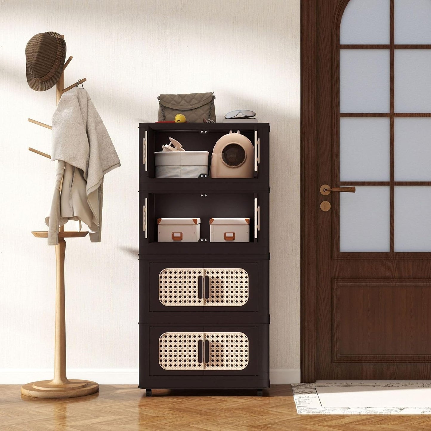 Holaki 156 QT Storage Bins with Lid, 4 Tiers Collapsible Plastic Storage Bins Storage Cabinet Box with Wheels and Magnetic Door for Home Closet Organizers(Retro Brown)