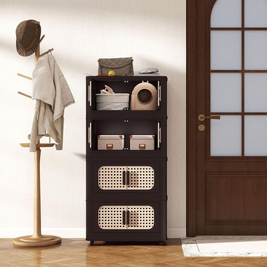 Holaki 156 QT Storage Bins with Lid, 4 Tiers Collapsible Plastic Storage Bins Storage Cabinet Box with Wheels and Magnetic Door for Home Closet Organizers(Retro Brown)