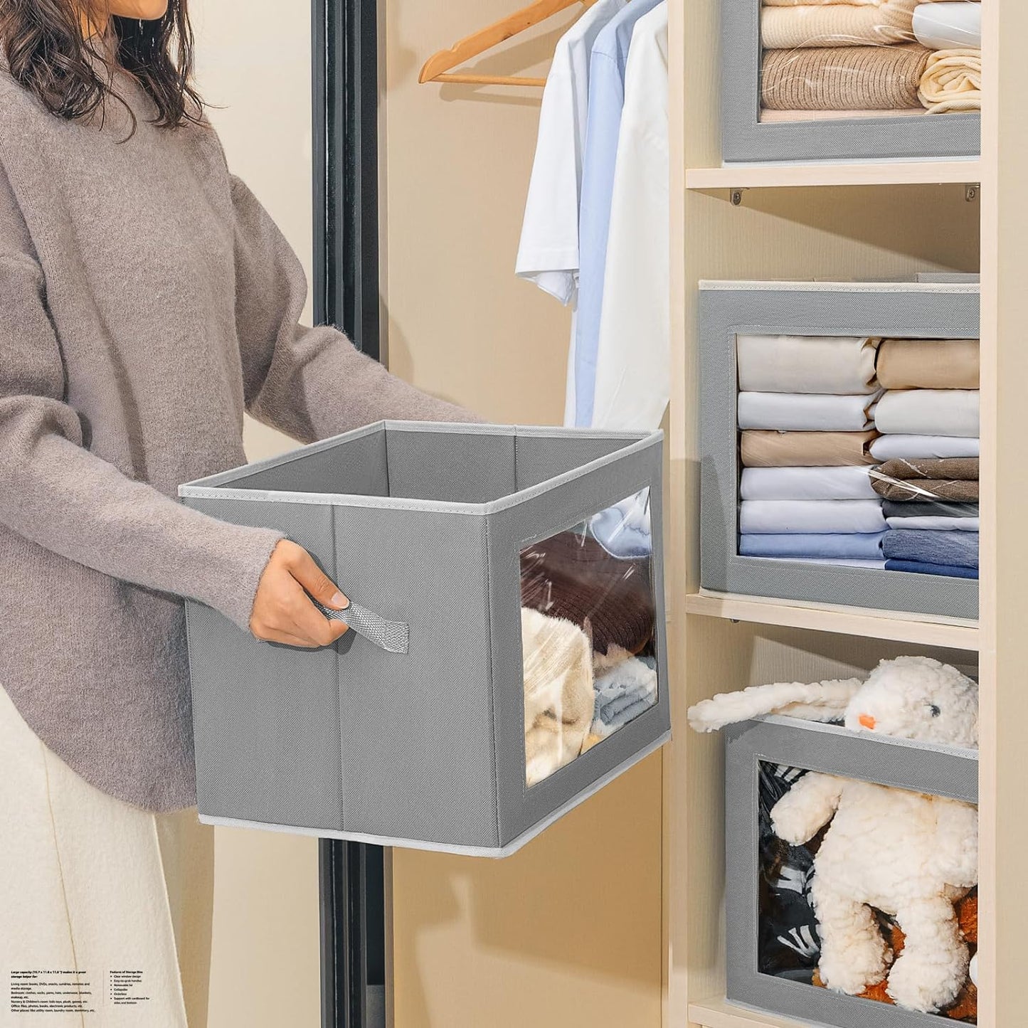 Stackable Storage Bins with Lids - Large Decorative Basket with Lids, Fabric Foldable Closet Organizer Bins, Shelf Organizer for Living Room, Dorm, 5 Pack, Grey