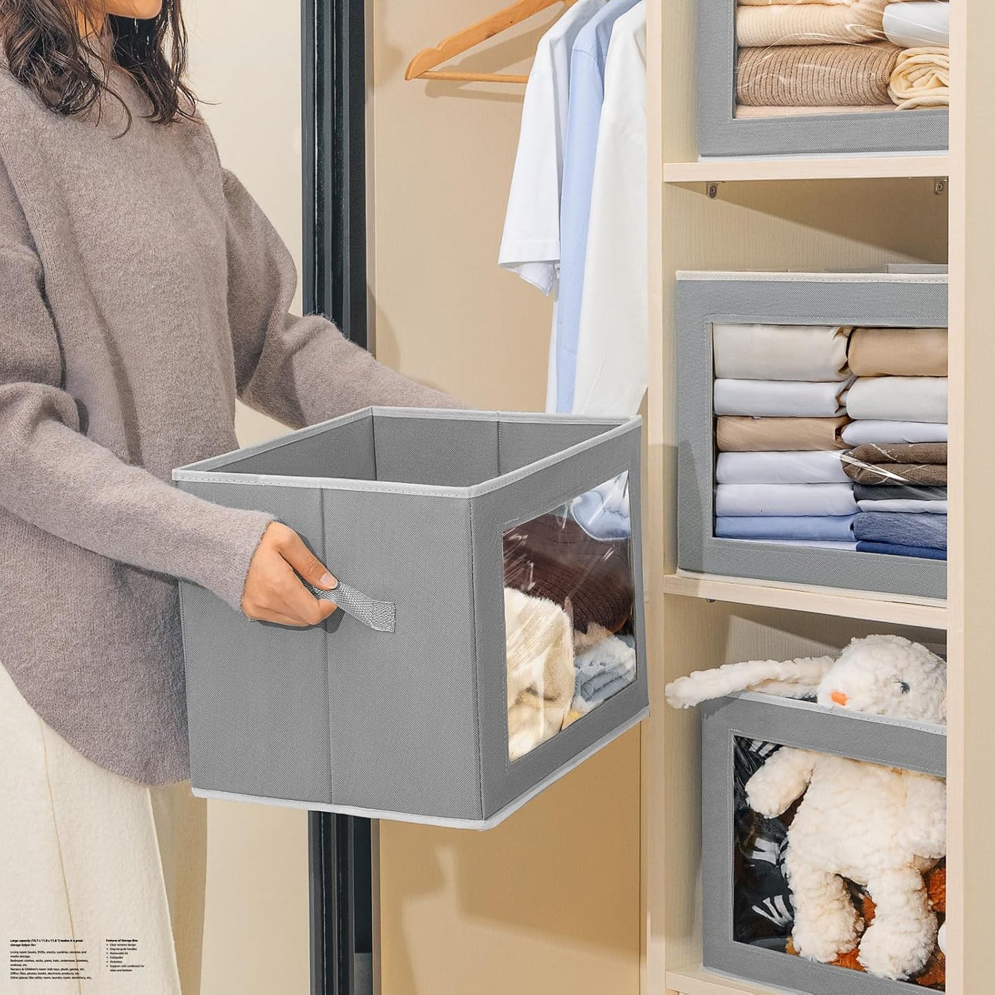 Storage Bins with Lids, 3 Pack Large Storage Cubes with Window, Closet Bins with Lids & Handles, Fabric Box for Organizing Clothes, Towels, Books, Grey