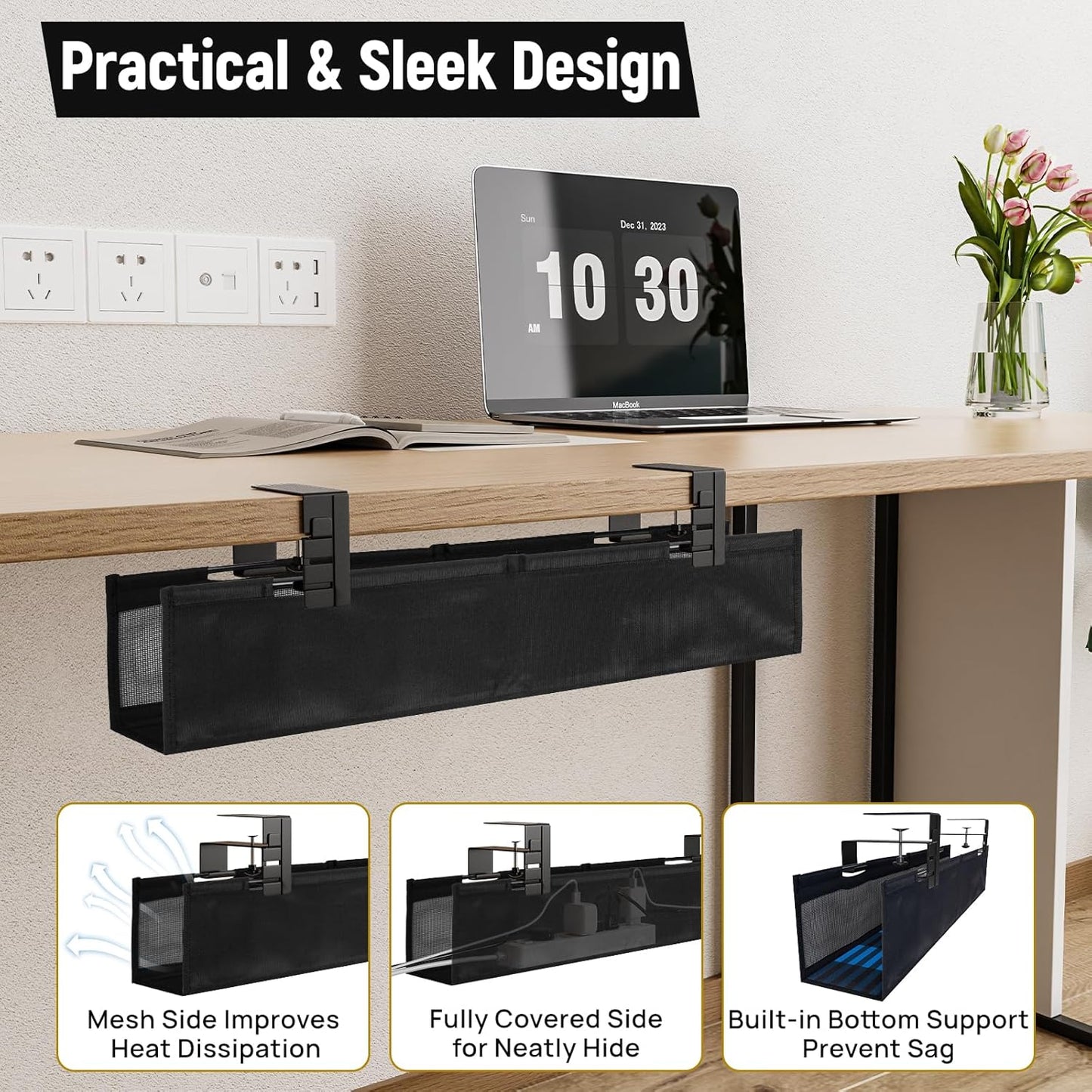 No Drill Under Desk Cable Management Tray, 27.56in Cord Management with Ventilated Mesh, Clamp/Screw Mount Cord Organizer, Fabric Standing Desk Cable Management for Office, Home