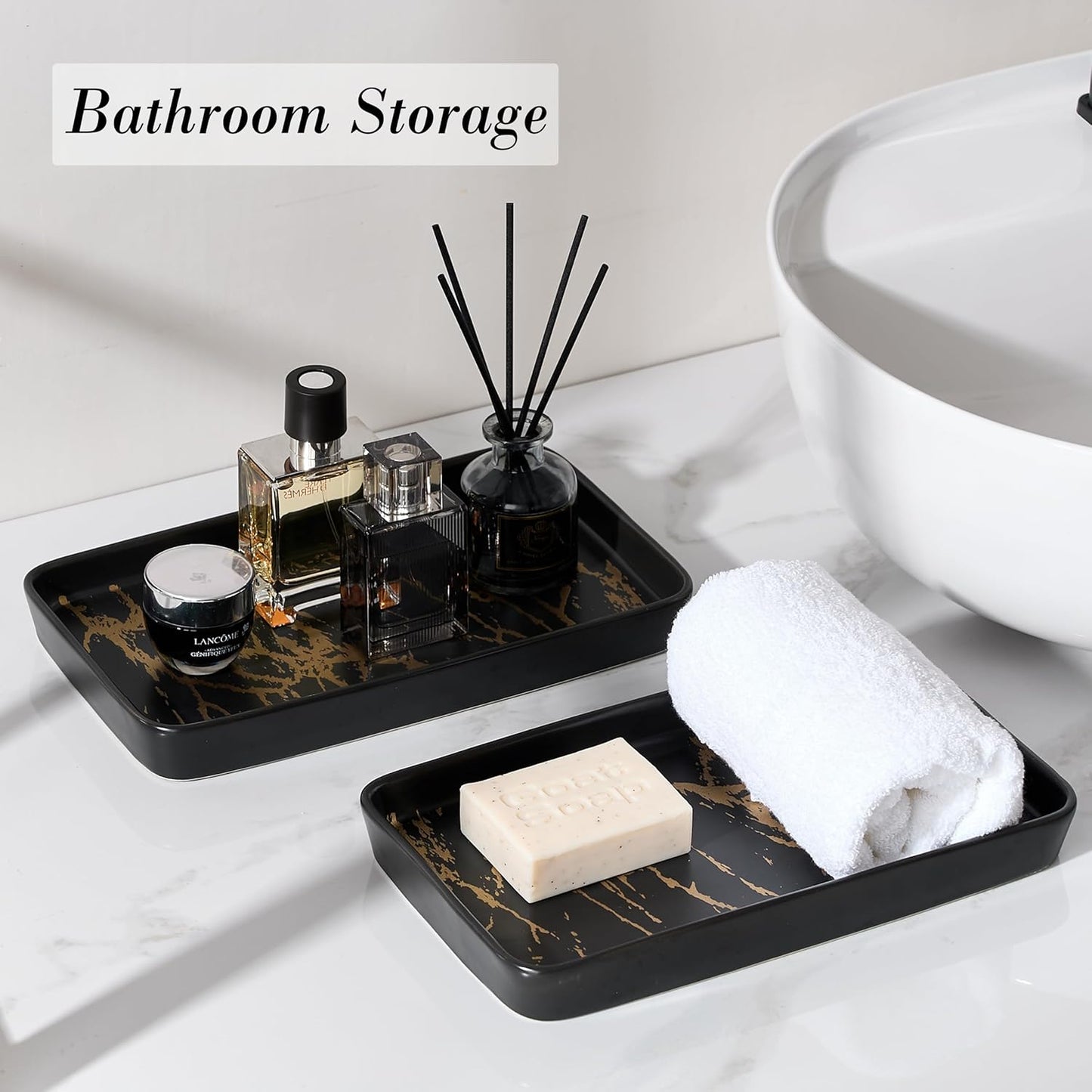 Bathroom Vanity Tray for Countertop,2PC Rectangle Marble Tray Set,Decorative Bathroom Organizer for Scrubber, Lotion Bottles, Perfume, Jewelry, Candle, Key Trinket Ring（Large,Black）