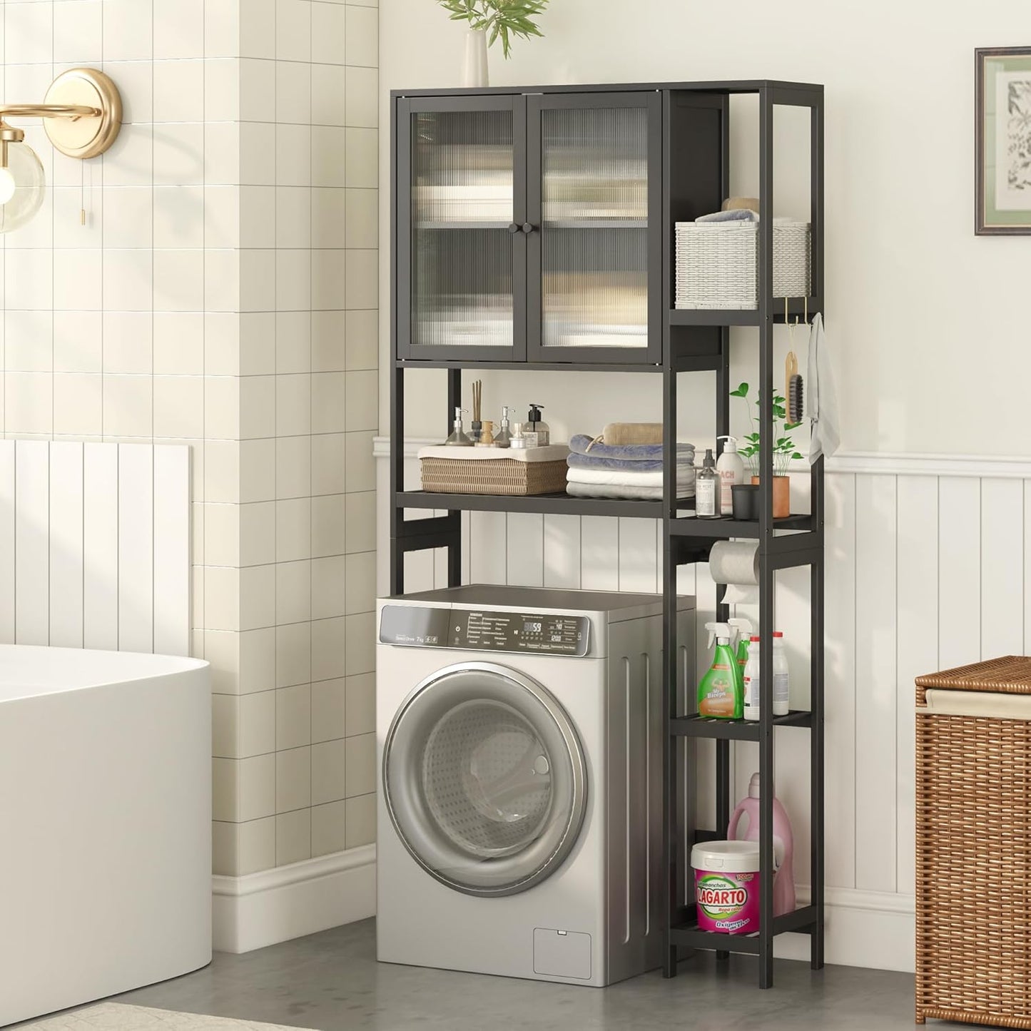 Over The Toilet Storage Cabinet Above Toilet Bathroom Organizer with Toilet Paper Holder Stand Bath Organizer with Adjustable Shelves & Acrylic Doors,Anti-Tip Device (Black)