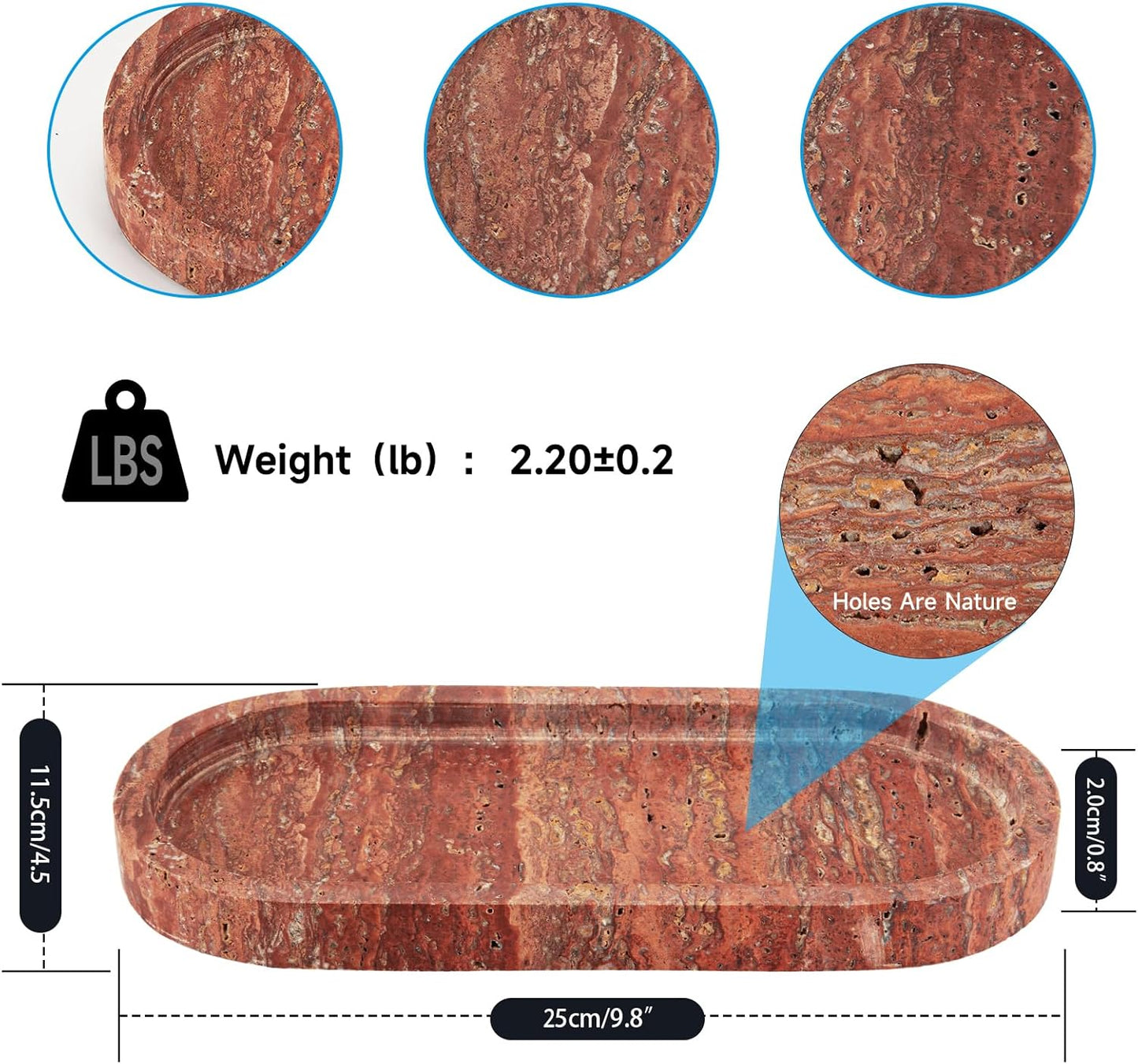 WORHE Italy Natural Travertine Stone Tray for Jewelry, Candles, Perfume, Trinket, Marble Oval Vanity Trays for Bathroom, Dresser, Kitchen, Countertop Storage Organizer for Home Decor Red (WH029)