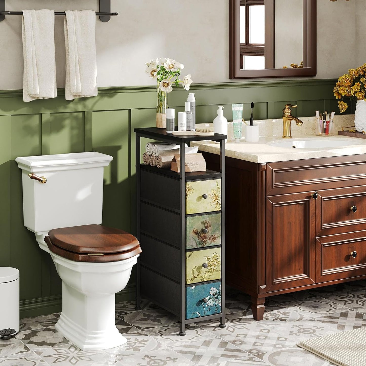 Narrow Dresser, Narrow Nightstand Dresser Storage Tower with 4 Drawers, Slim Fabric Dressers Chest of Drawers for Small Spaces, Retro Flower Dressers, for Bedroom Bathroom Laundry Closet (Black)