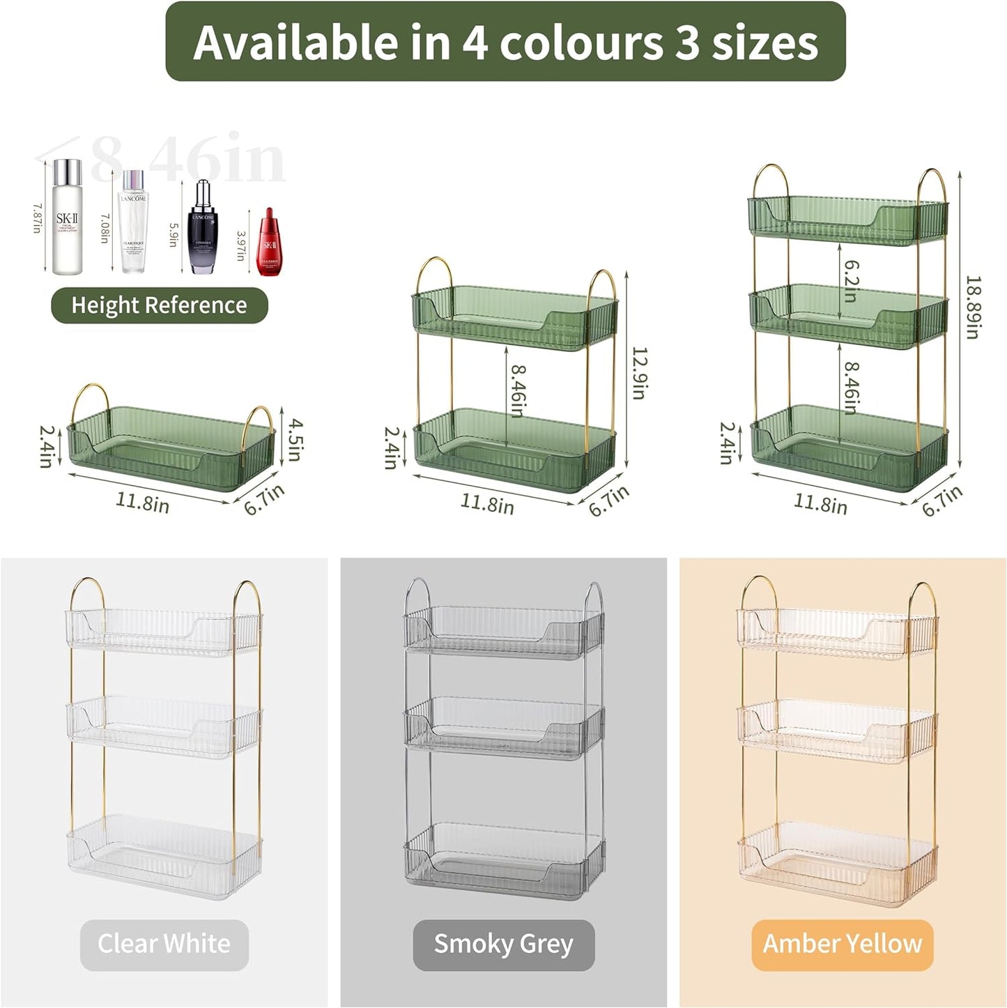 3 Tier Bathroom Organizer Countertop Makeup Perfume Tray Skincare Organizer for Bathroom Dresser Vanity (Green)