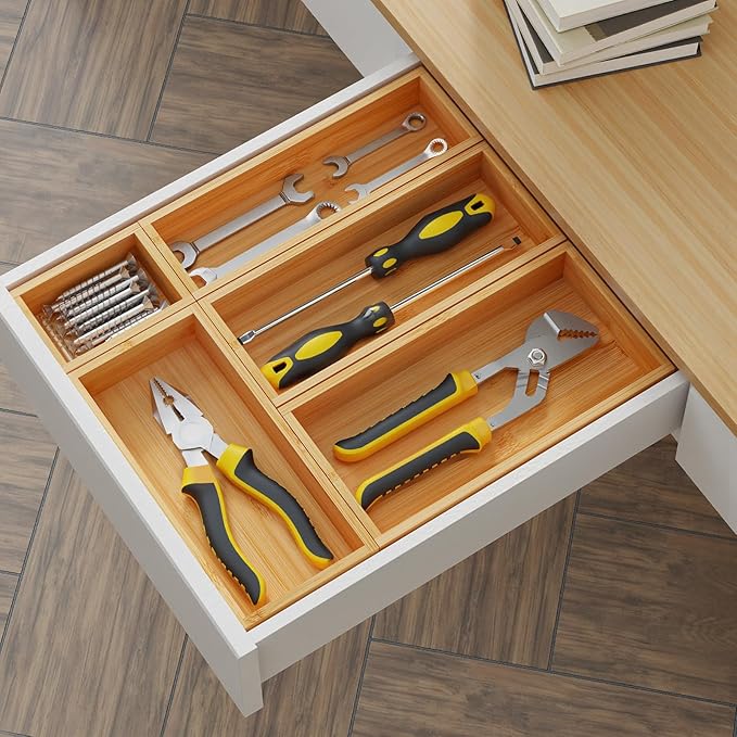 Bamboo Drawer Organizer Set, 5 PCS Wooden Storage Trays for Kitchen, Bathroom, Office, Makeup