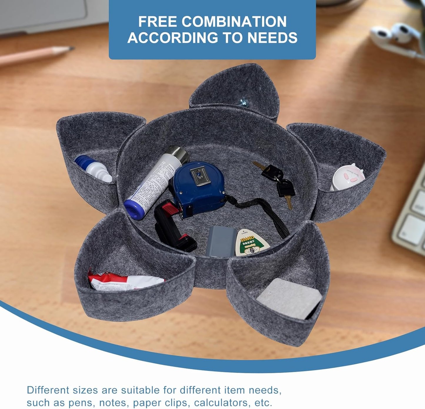 Felt Desk Drawer Organizer Tray,8 Pack Office Desk Drawer Dividers,Felt Drawer Round Storage Box For Saving Space,Makeup Drawer Organizer Bins.(Dark Gray)