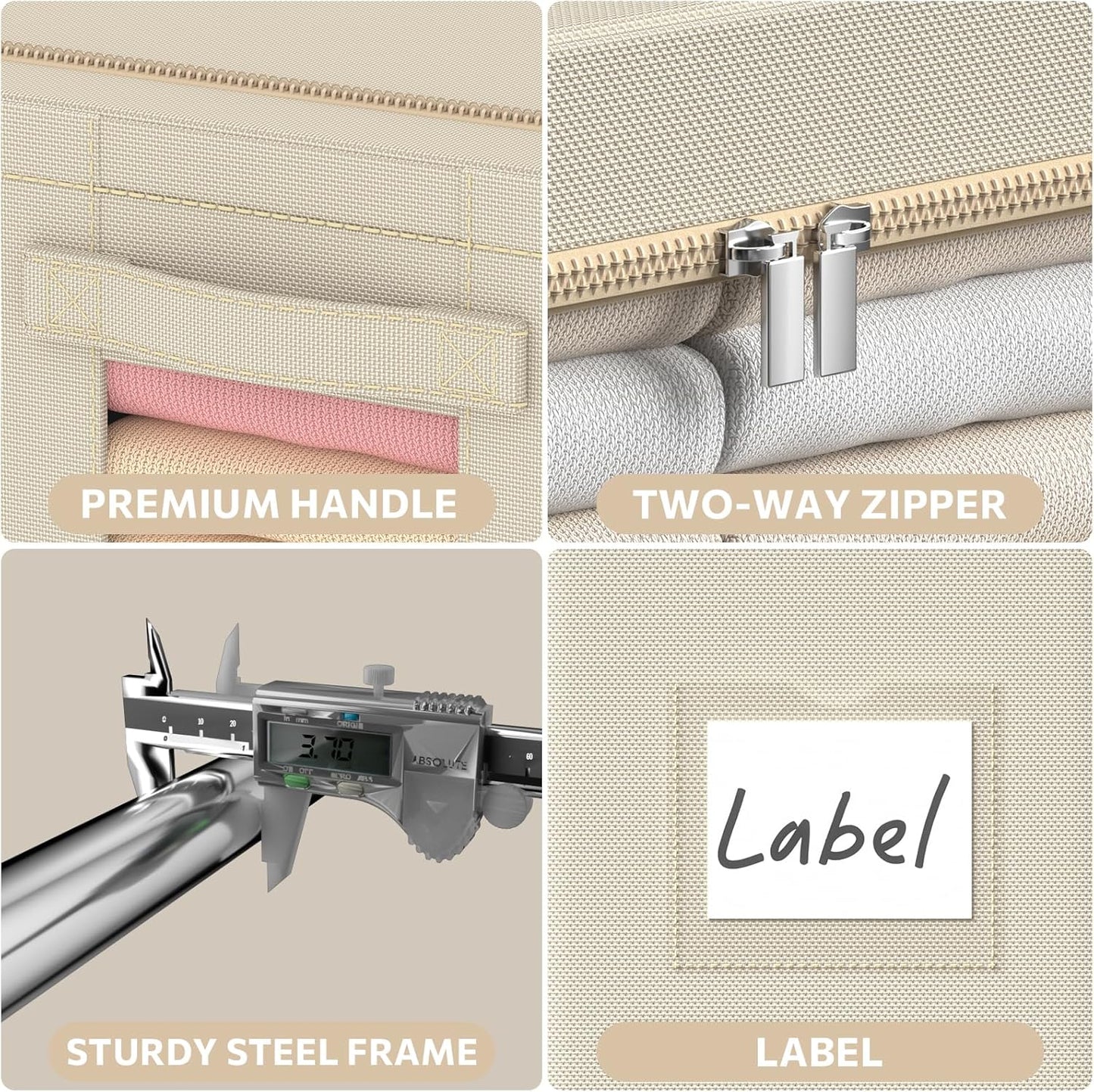 3Pack Frame Storage Box - Clothes Storage Bin Bags Oxford Fabric Foldable Stackable Container Organizer Set with Clear Window & Carry Handles Large Capacity (Beige, Large-66L)