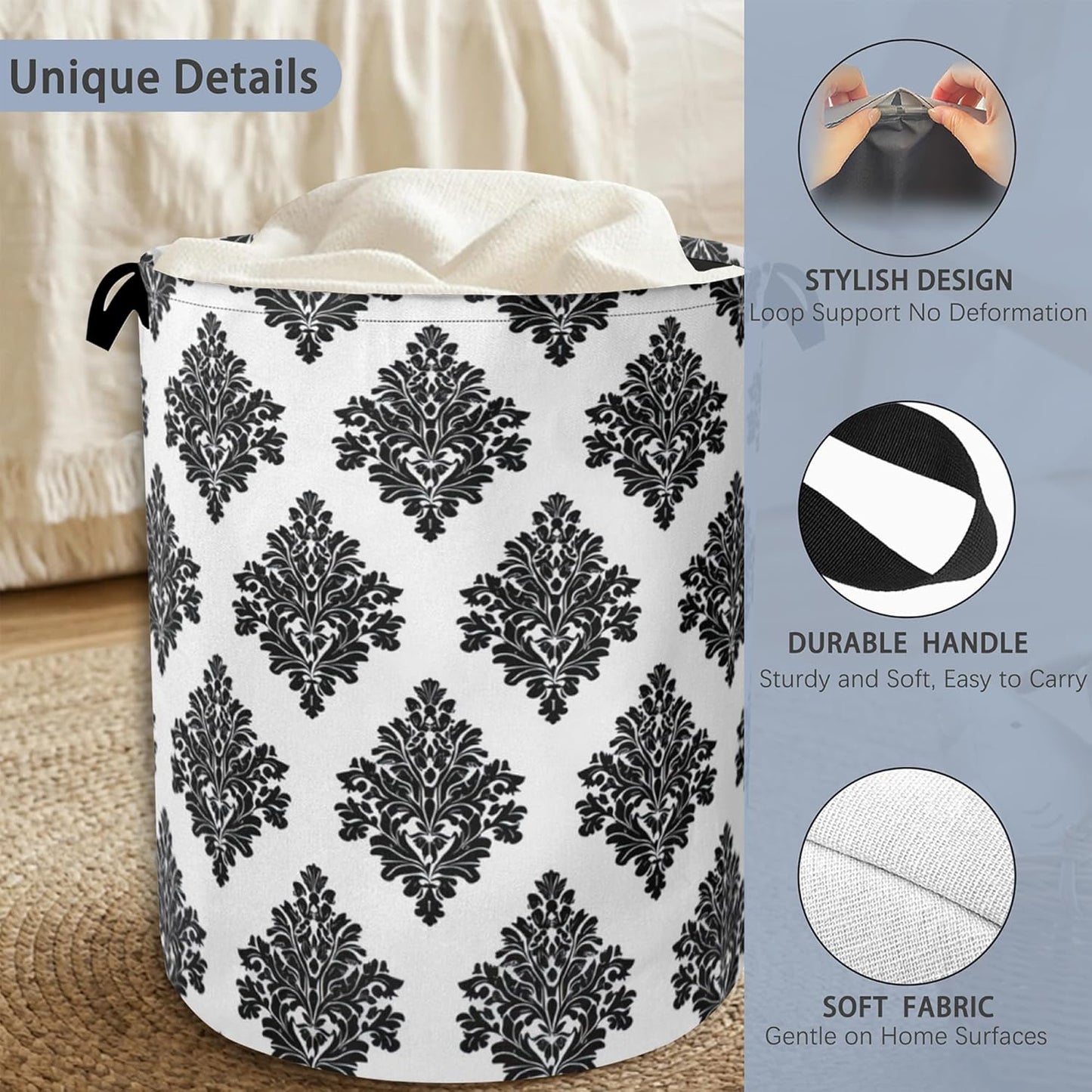 Vintage Damask Floral Laundry Basket,Oxford Cloth Laundry Hamper with Handle Foldable Portable Clothes Storage Basket for Bathroom Bedroom Dorm Room 16" x 20.8"